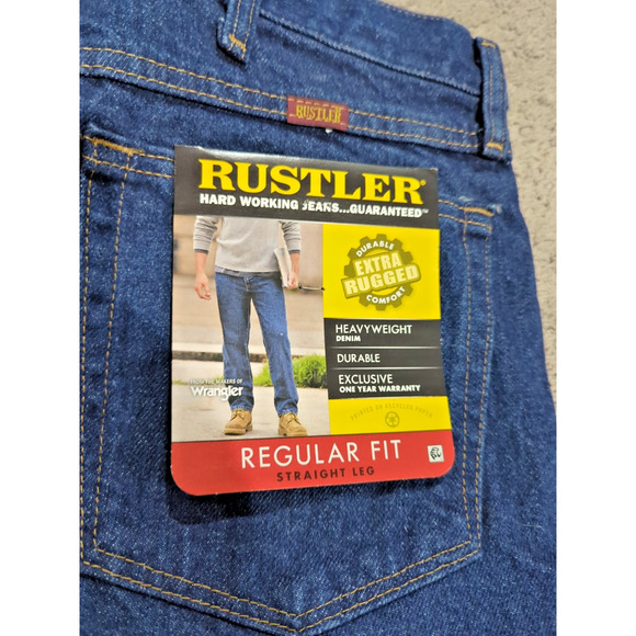 NWT Men's Rustler By Wrangler Regular Fit Straight Leg 34/32 Heavy Blue Jeans - Picture 2 of 5